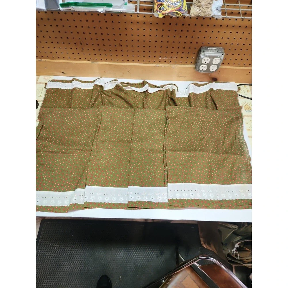 Handmade 1970s Green Red Flower Kitchen Window Curtain Set Cottage Farmhouse VTG